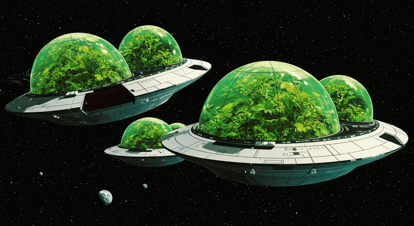 Weltraumschiffe mit Wäldern und Glaskuppeln.