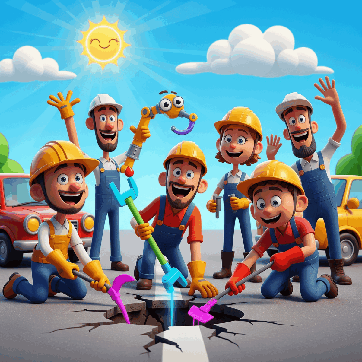 create an image with happy workers repairing a pothole, animated