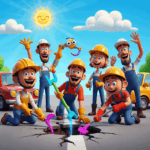 create an image with happy workers repairing a pothole, animated
