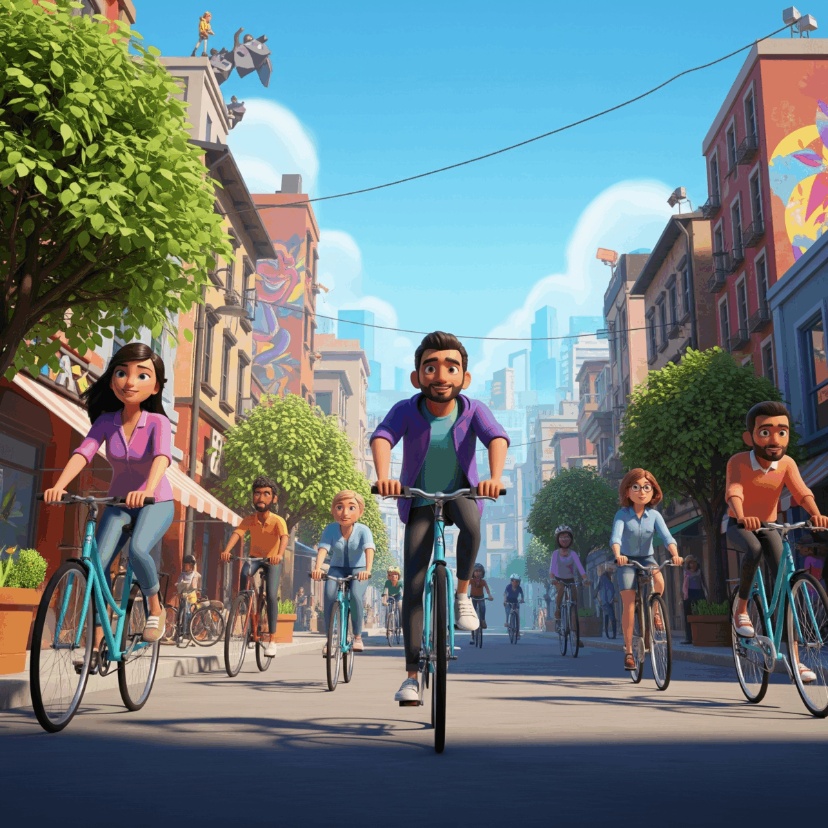 happy human beings riding bicycles in an urban environment, animated