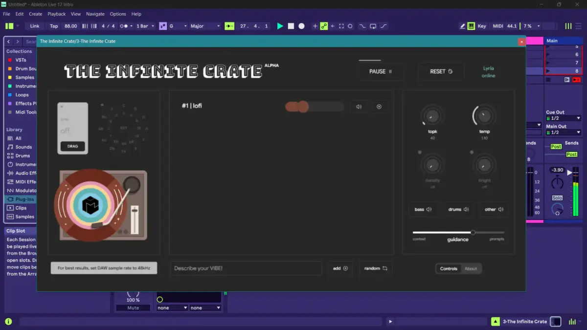 Screenshot Ableton Live 12 Intro running Lyria RealTime VST