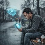 ein unglücklicher Mensch der auf sein Handy schaut und mit einer KI chattet, im Comic Stiel