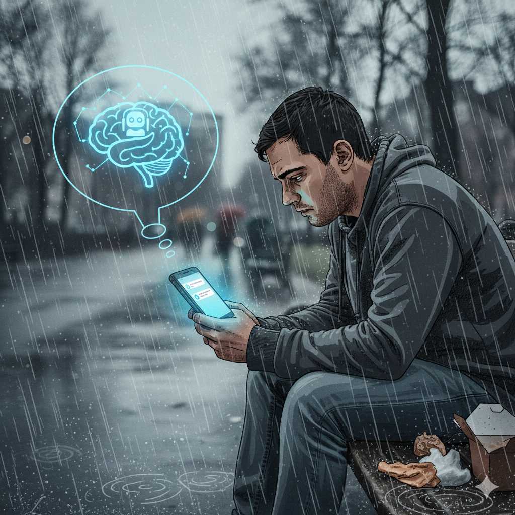 ein unglücklicher Mensch der auf sein Handy schaut und mit einer KI chattet, im Comic Stiel