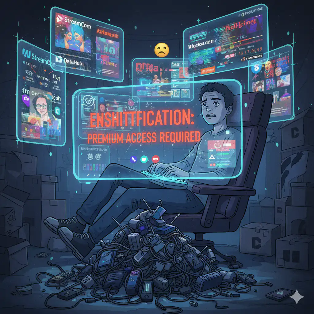 Gemini generiertes Bild, Prompt: create an image with an unhappy human being in the age of enshittification of the internet animated