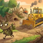 KI-generiertes Bild: Gemini: create an image of an unhappy bug that is driven out of its habitat by bulldozers cartoon style
