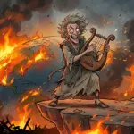 KI-generiertes Bild zu dem Prompt: create an image of a burning planet with a mad human being playing the lyre animated